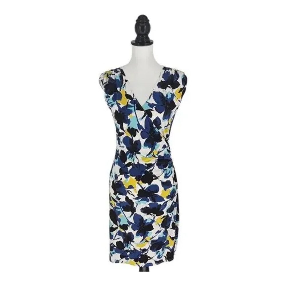 Ann Taylor Blue and Yellow Sheath Mini Dress V-Neck Sleeveless